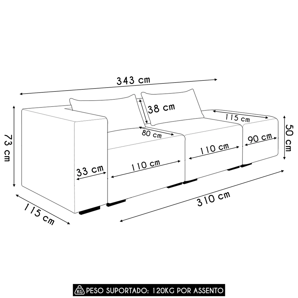 Sofá 5 Lugares 343cm Com Puff Direito Fay Veludo Vermelho Z55 - Mpozenato