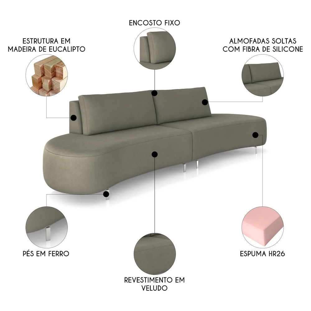 Sofá 3 Lugares 220cm Orgânico Pé Ferro Nagai Veludo Marrom Z55 - Mpozenato