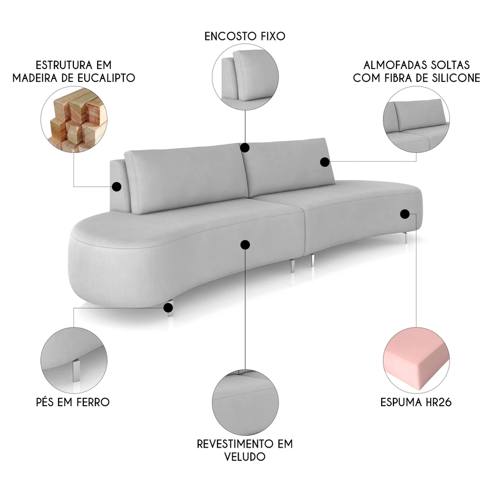 Sofá 4 Lugares 240cm Orgânico Pé Ferro Nagai Veludo Cinza Z55 - Mpozenato