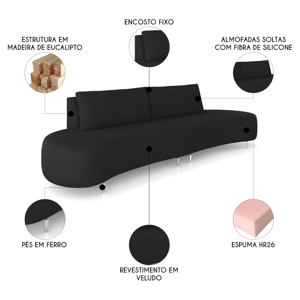 Sofá 3 Lugares 220cm Orgânico Pé Ferro Nagai Veludo Preto Z55 - Mpozenato