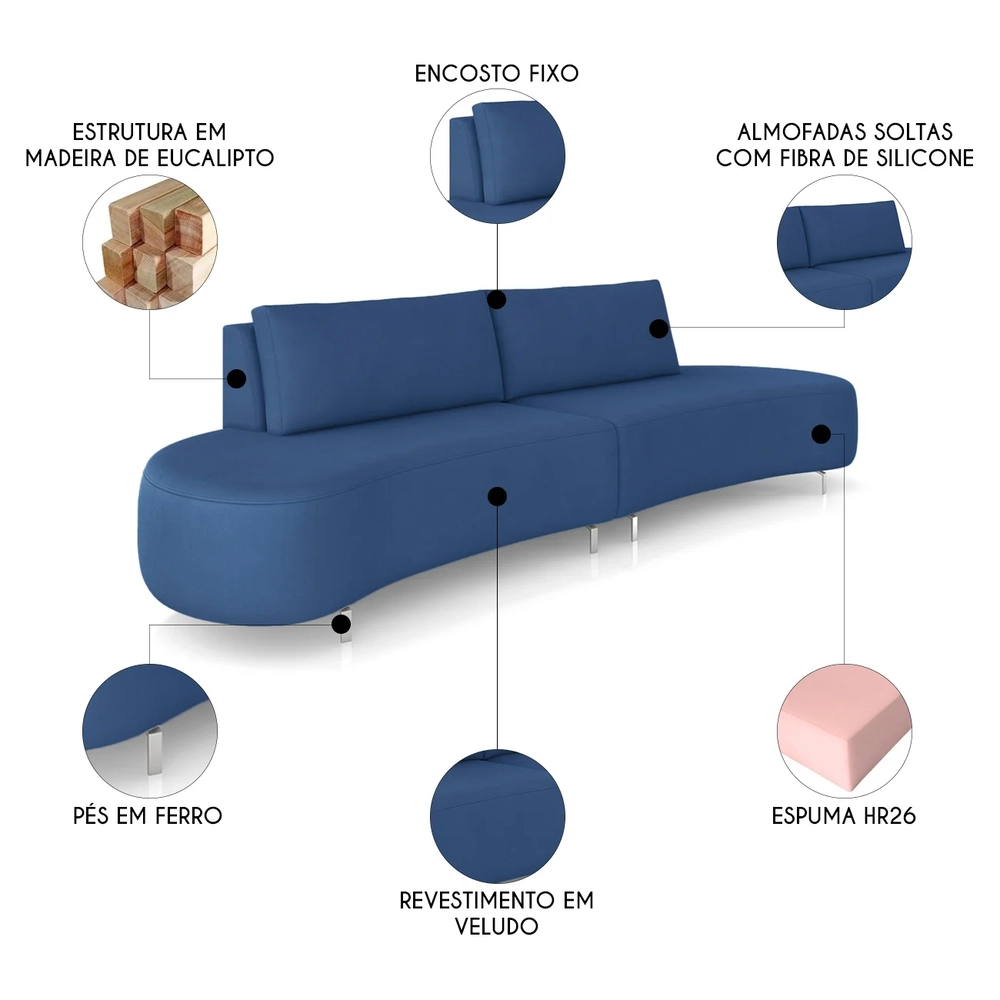 Sofá 3 Lugares 180cm Orgânico Pé Ferro Nagai Veludo Azul Z55 - Mpozenato