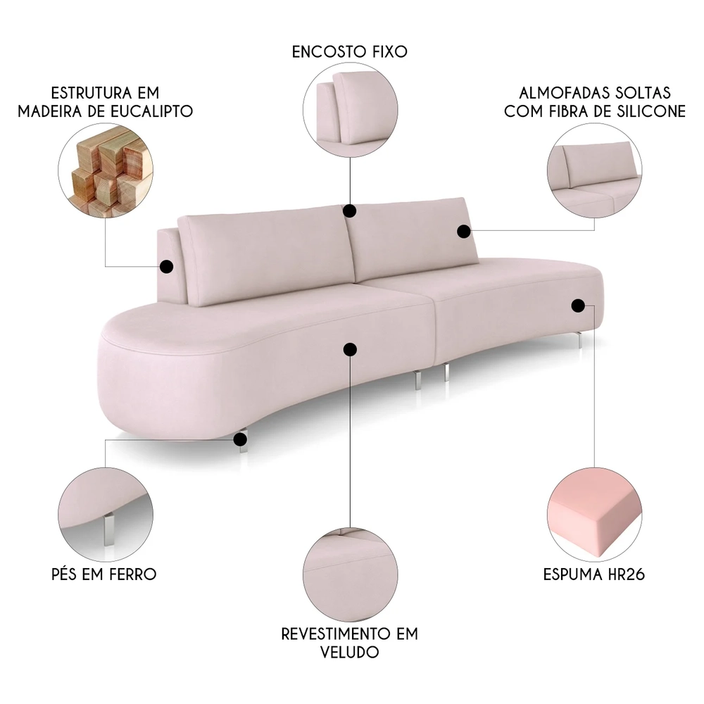 Sofá 3 Lugares 220cm Orgânico Pé Ferro Nagai Veludo Rose Z55 - Mpozenato