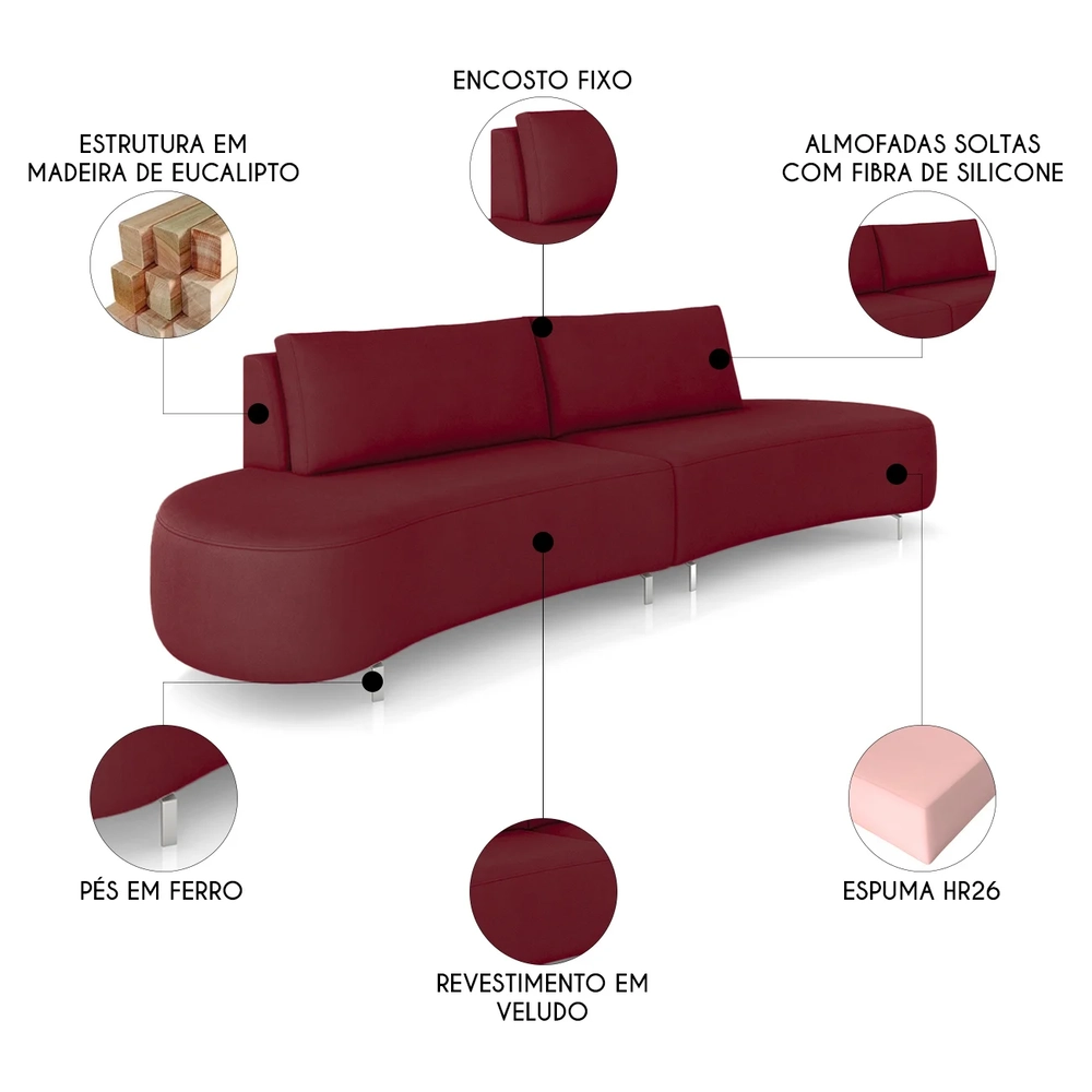 Sofá 2 Lugares 160cm Orgânico Pé Ferro Nagai Veludo Bordo Z55 - Mpozenato