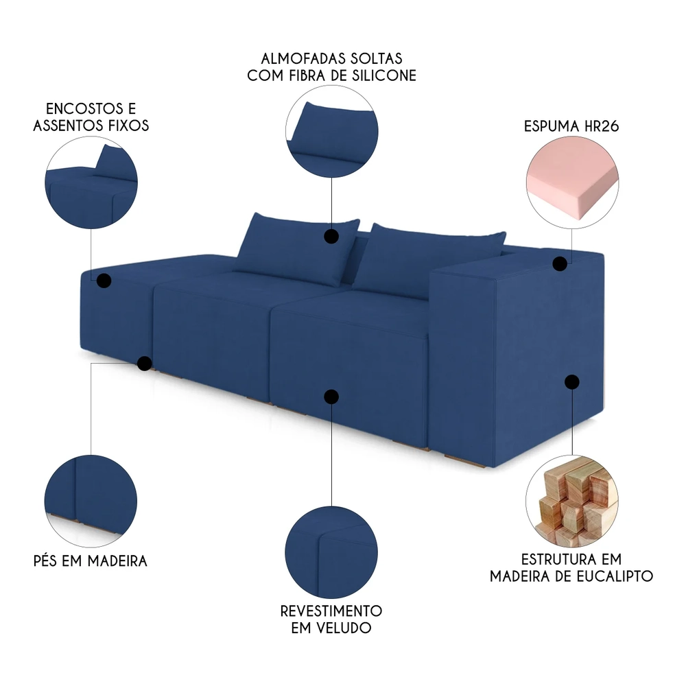 Sofá 5 Lugares 343cm Com Puff Esquerdo Fay Veludo Azul Z55 - Mpozenato