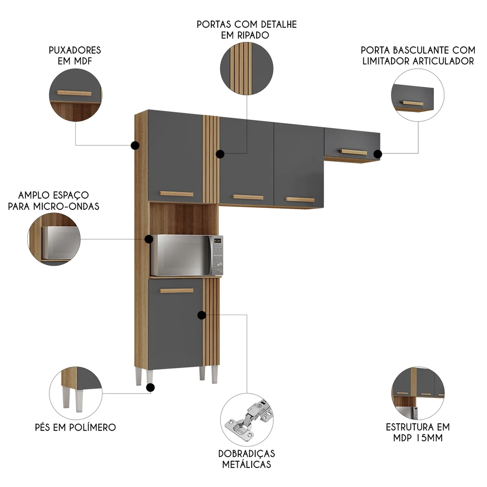 Armário de Cozinha Compacta 210cm Hanna Atacama/Grafite A15 - Mpozenato