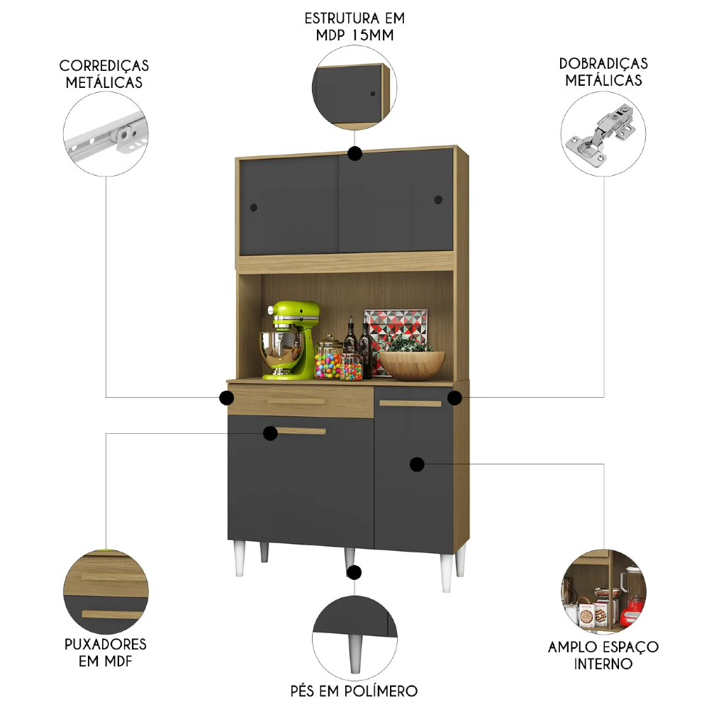 Cozinha Compacta 91cm Com Tampo Bayek Atacama/Grafite A15  - Mpozenato