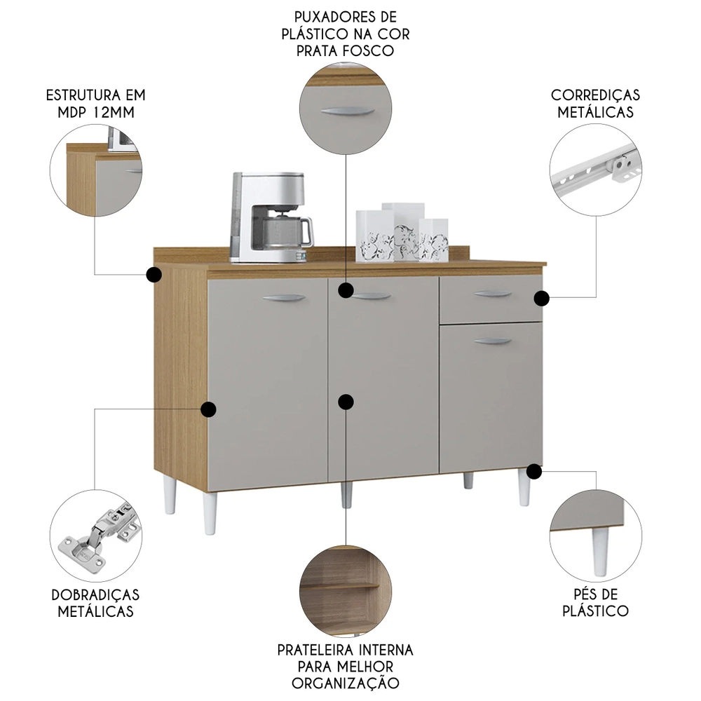 Balcão de Cozinha Com Tampo 120cm Classic Damasco/Off Z46 - Mpozenato