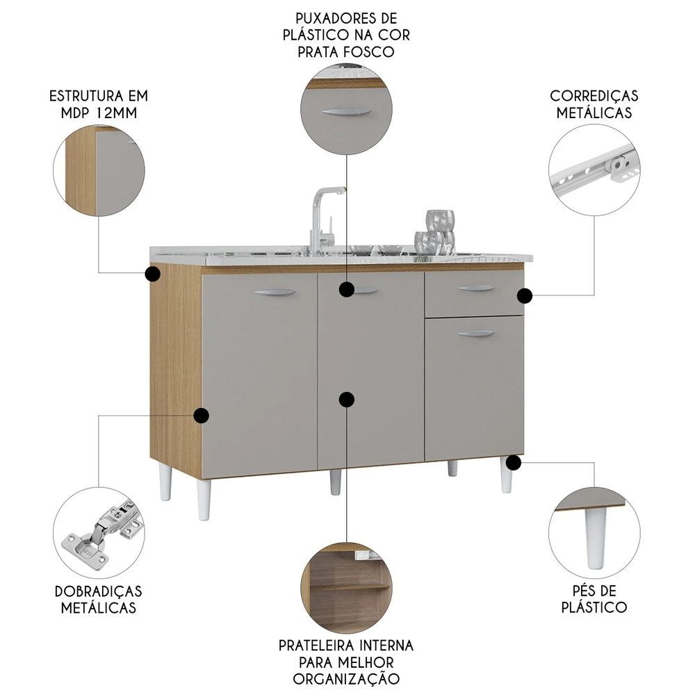 Balcão de Cozinha Com Pia 120cm Classic Damasco/Off Z46 - Mpozenato