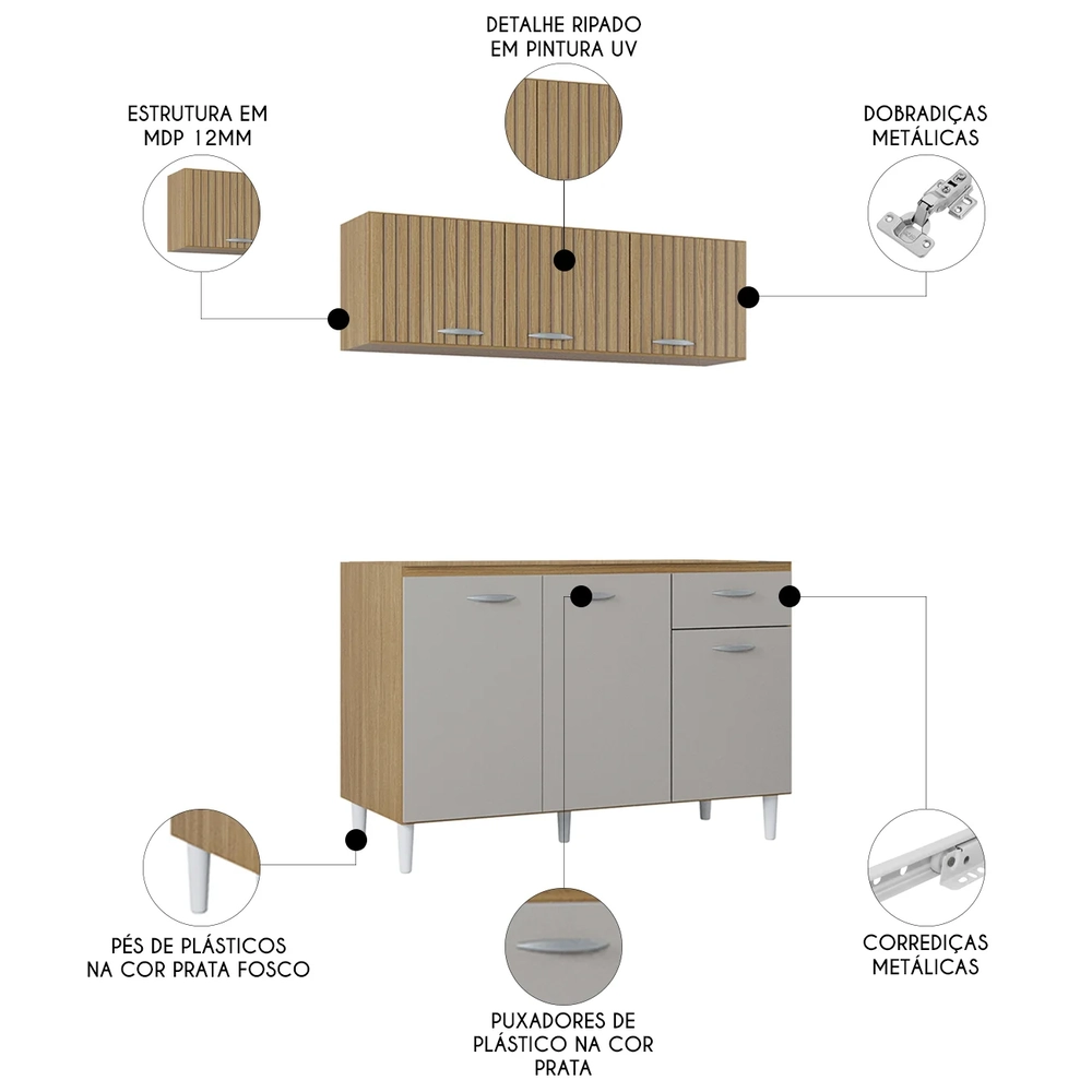 Armário de Cozinha e Balcão 120cm Classic Ripado Damasco/Off Z46 - Mpozenato
