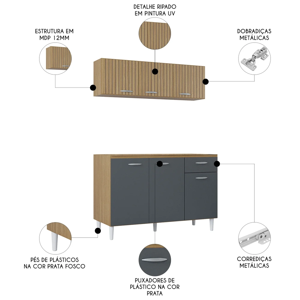 Armário de Cozinha e Balcão 120cm Classic Ripado Damasco Cinza Z46 - Mpozenato