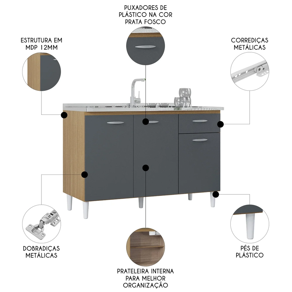 Balcão de Cozinha Com Pia 120cm Classic Damasco/Cinza Z46 - Mpozenato