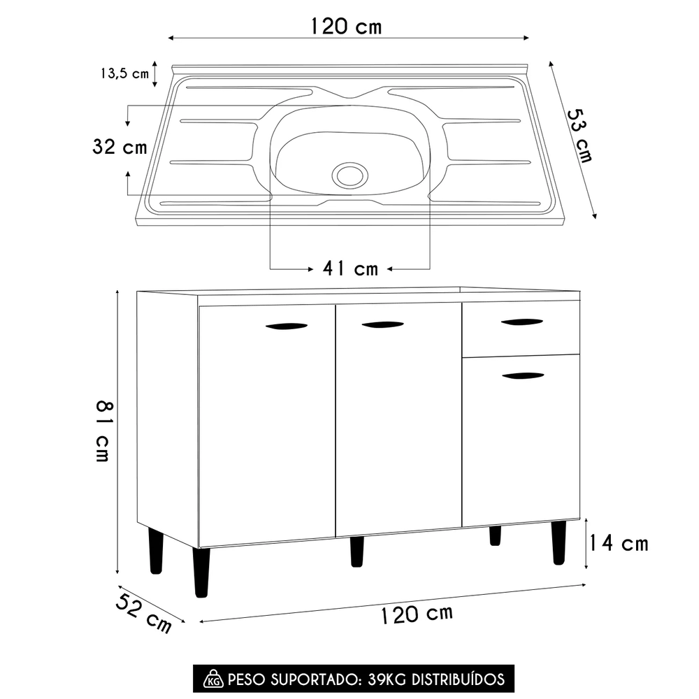 Balcão de Cozinha Com Pia 120cm Classic Damasco/Cinza Z46 - Mpozenato