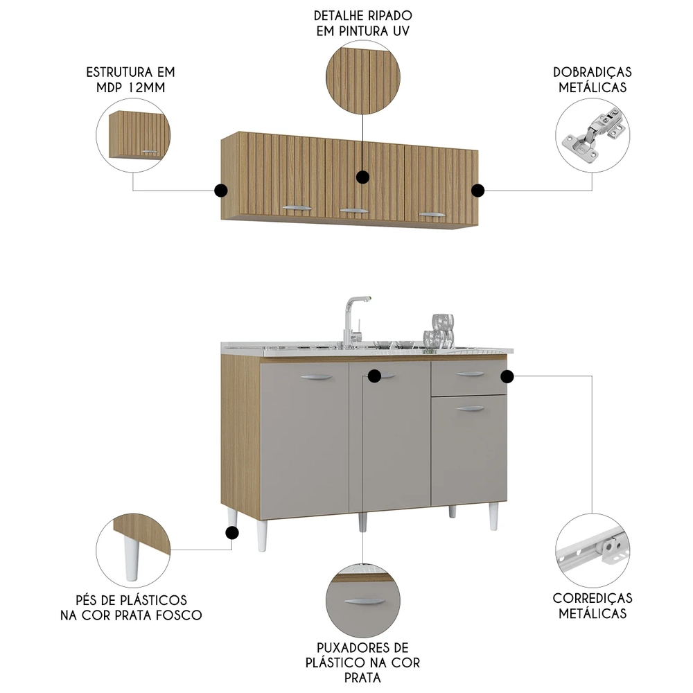 Armário e Balcão com Pia 120cm Classic Ripado Damasco/Off Z46 - Mpozenato