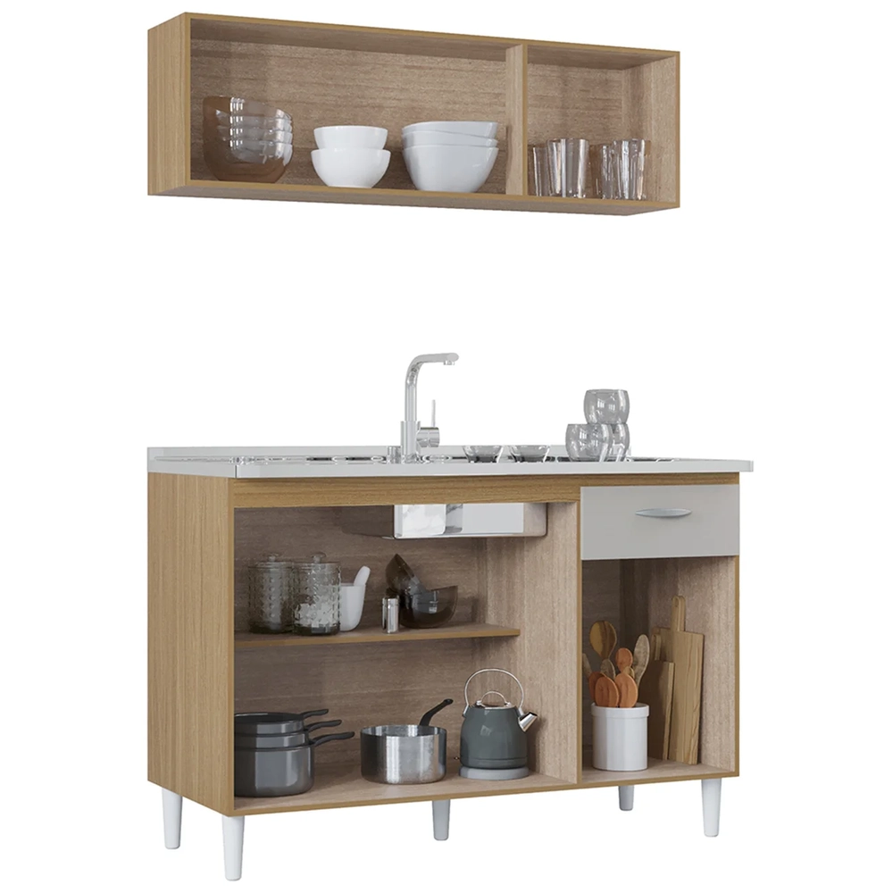 Armário e Balcão com Pia 120cm Classic Ripado Damasco/Off Z46 - Mpozenato