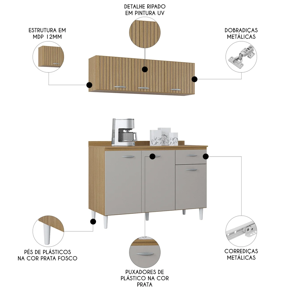 Armário e Balcão com Tampo 120cm Classic Ripado Damasco/Off Z46 - Mpozenato