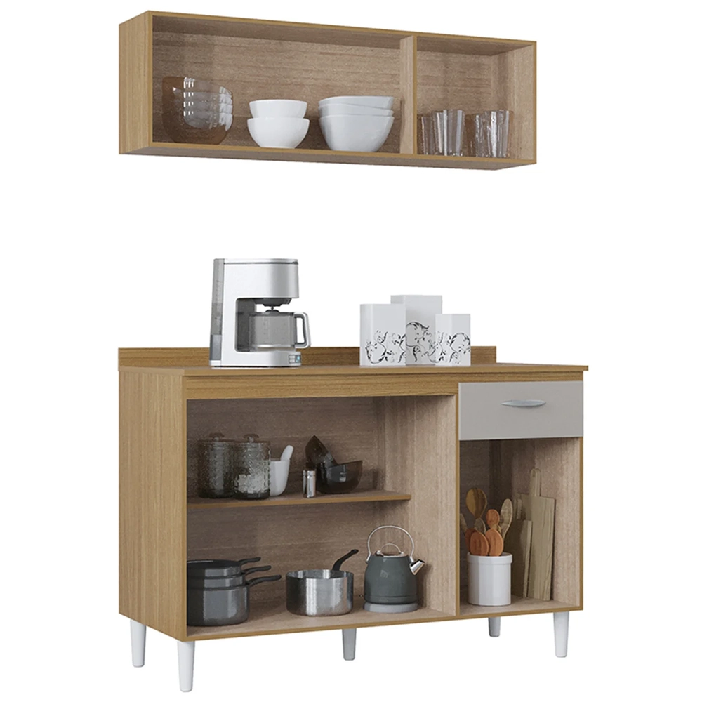 Armário e Balcão com Tampo 120cm Classic Ripado Damasco/Off Z46 - Mpozenato