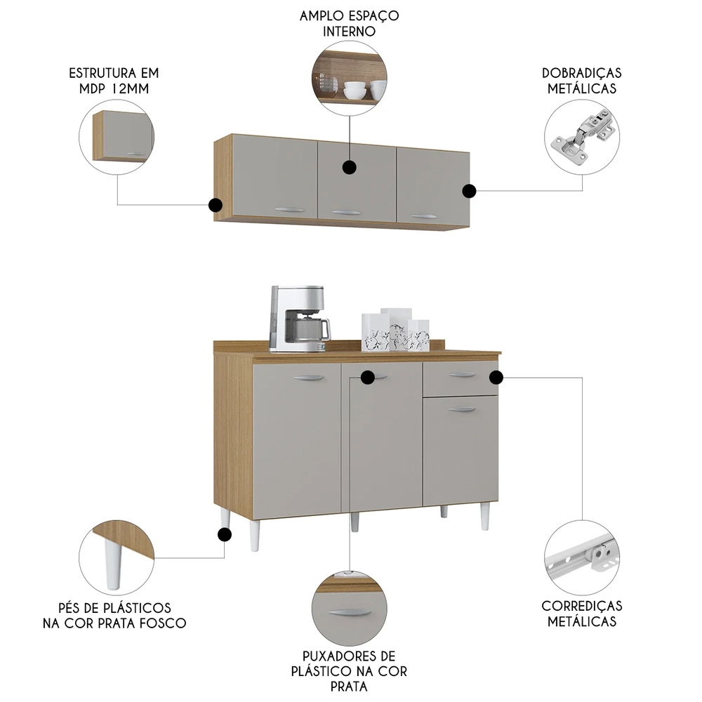 Armário e Balcão com Tampo 120cm Classic Damasco/Off White Z46 - Mpozenato