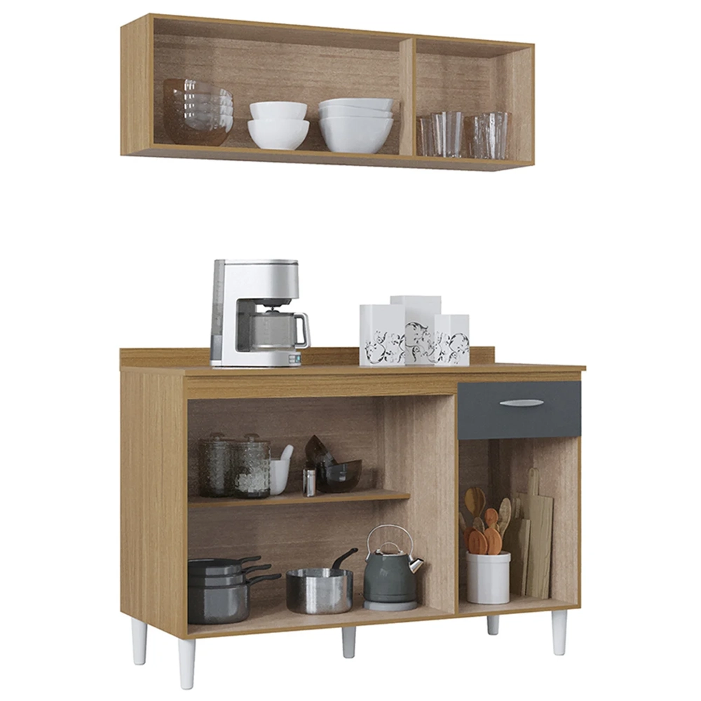 Armário e Balcão com Tampo 120cm Classic Ripado Damasco Cinza Z46 - Mpozenato