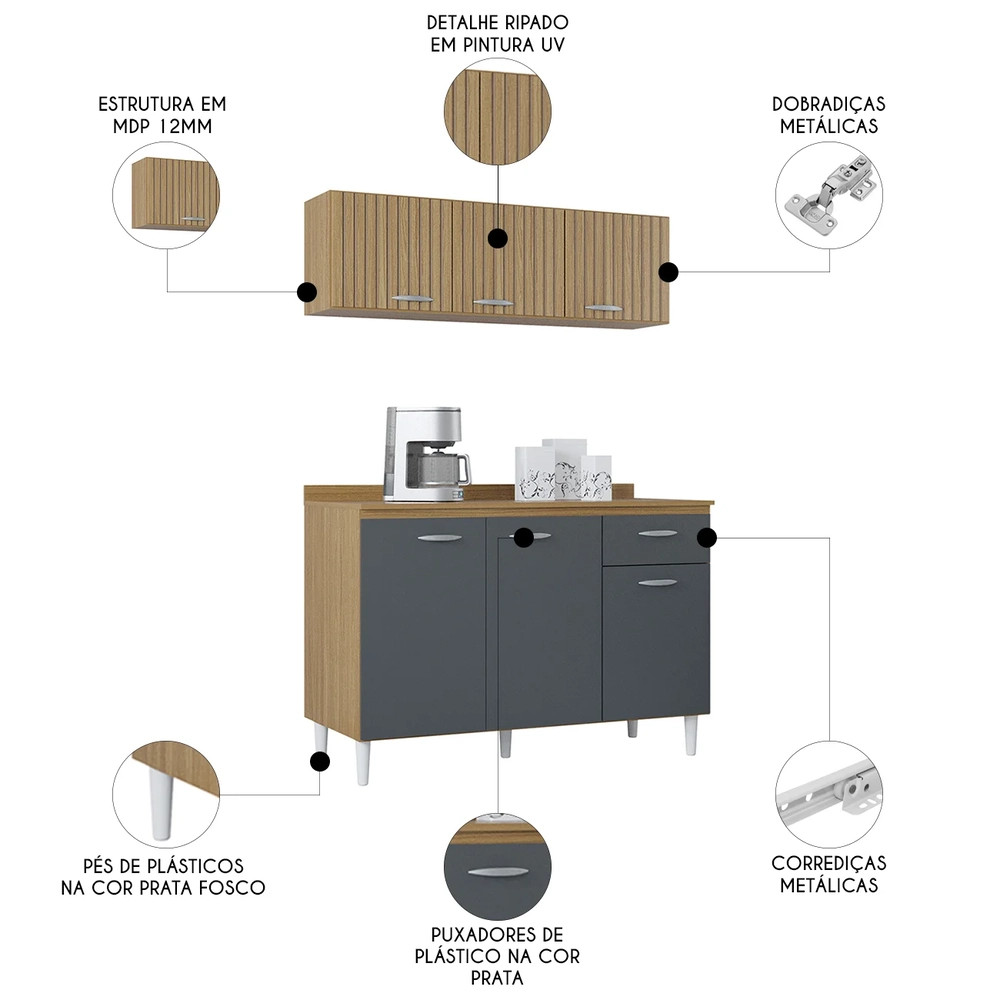 Armário e Balcão com Tampo 120cm Classic Ripado Damasco Cinza Z46 - Mpozenato