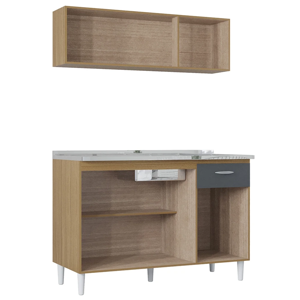 Armário e Balcão com Pia 120cm Classic Ripado Damasco Cinza Z46 - Mpozenato