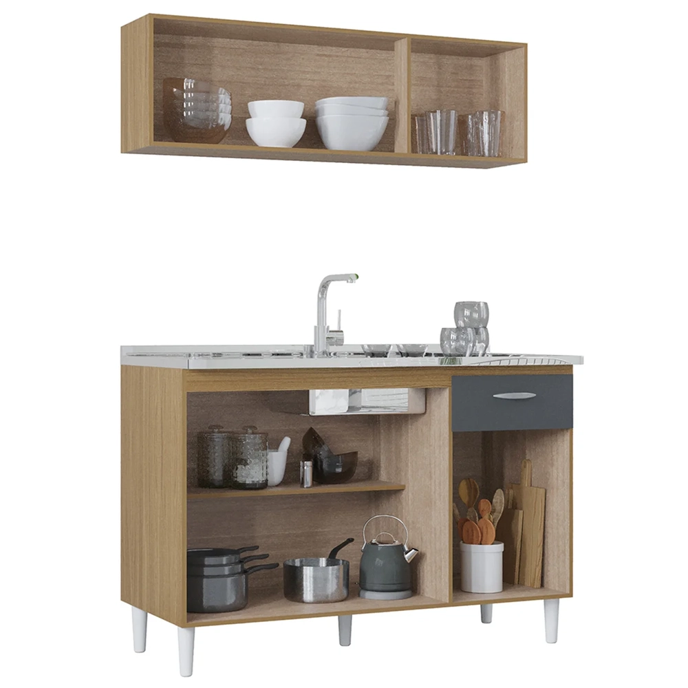 Armário e Balcão com Pia 120cm Classic Ripado Damasco Cinza Z46 - Mpozenato