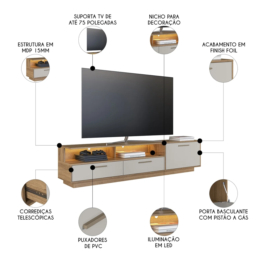 Rack TV 75 Pol 200cm Com LED 1 Porta Sira Mel/Arenas A05 - Mpozenato