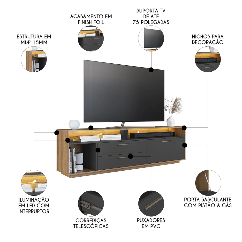 Rack TV 75 Pol 200cm Com LED 1 Porta Mova Mel/Grafite A05 - Mpozenato