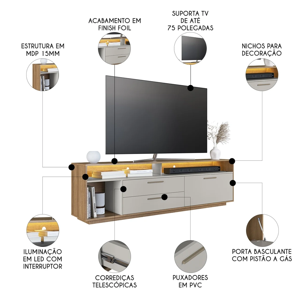 Rack TV 75 Pol 200cm Com LED 1 Porta Mova Mel/Arenas A05 - Mpozenato