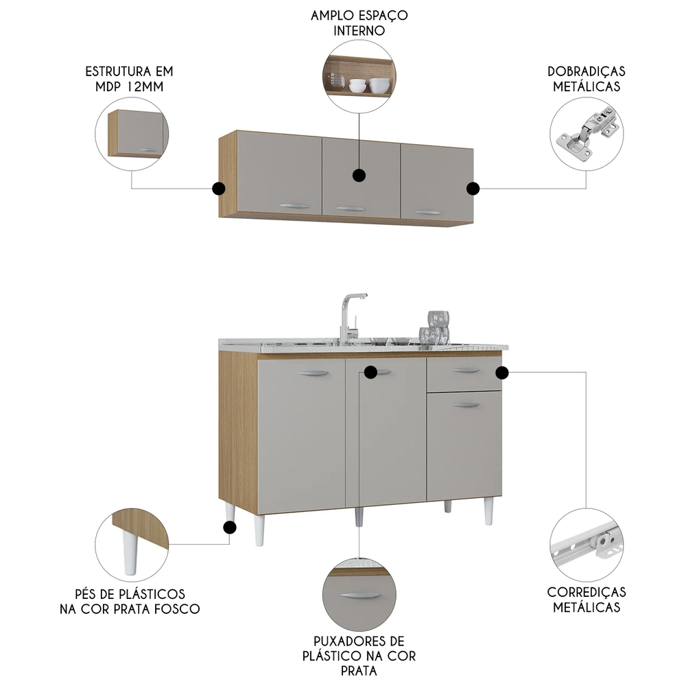 Armário e Balcão com Pia 120cm Classic Damasco/Off White Z46 - Mpozenato