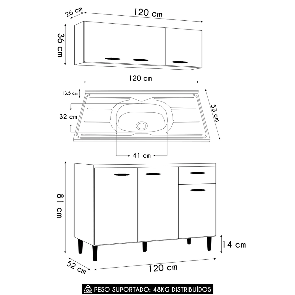 Armário e Balcão com Pia 120cm Classic Damasco/Off White Z46 - Mpozenato