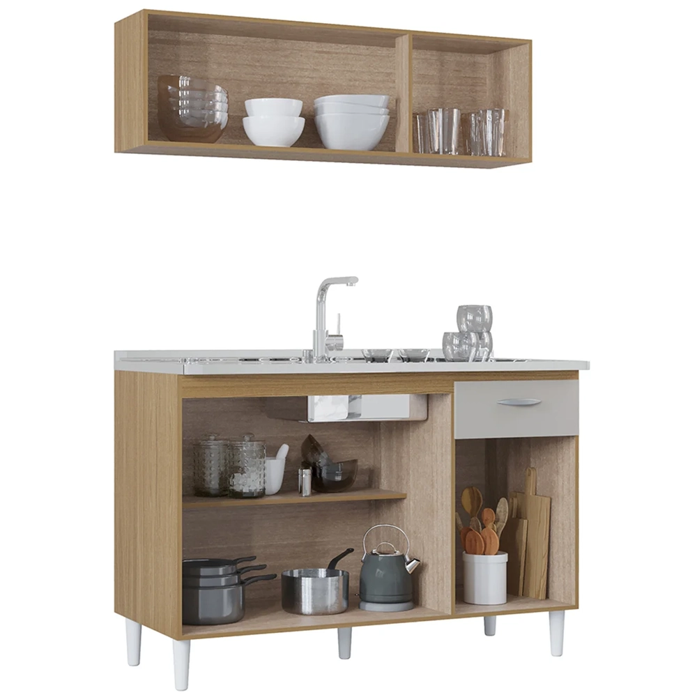 Armário e Balcão com Pia 120cm Classic Damasco/Off White Z46 - Mpozenato