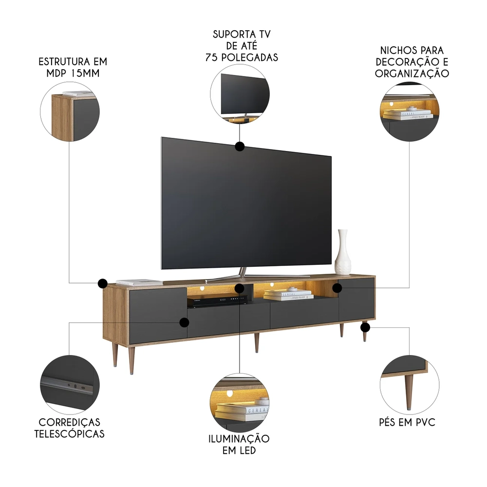 Rack TV 75 Pol 200cm Com LED Pés Palito Caza Mel/Grafite A05 - Mpozenato