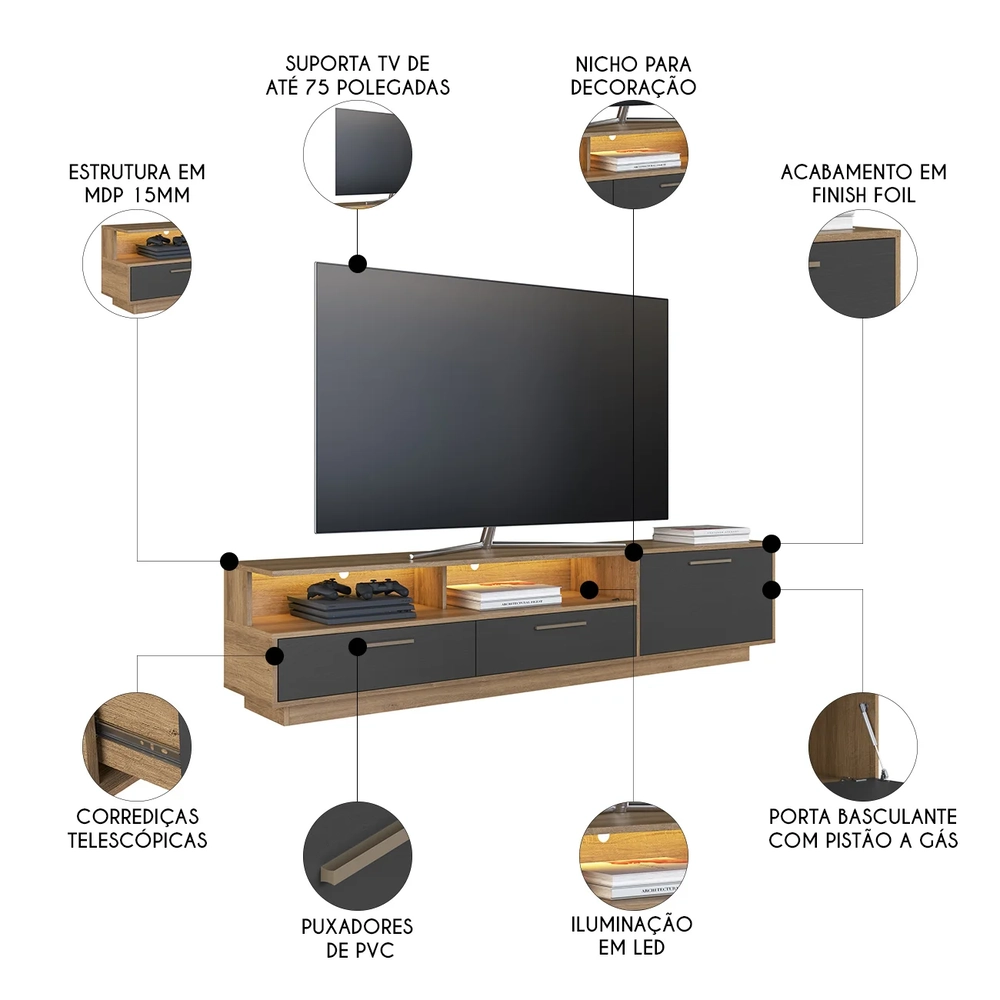 Rack TV 75 Pol 200cm Com LED 1 Porta Sira Mel/Grafite A05 - Mpozenato