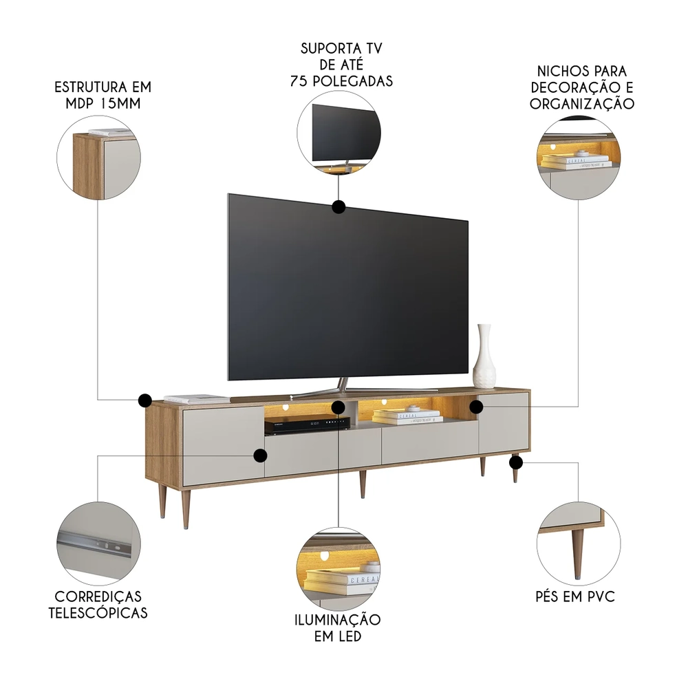 Rack TV 75 Pol 200cm Com LED Pés Palito Caza Mel/Arenas A05 - Mpozenato