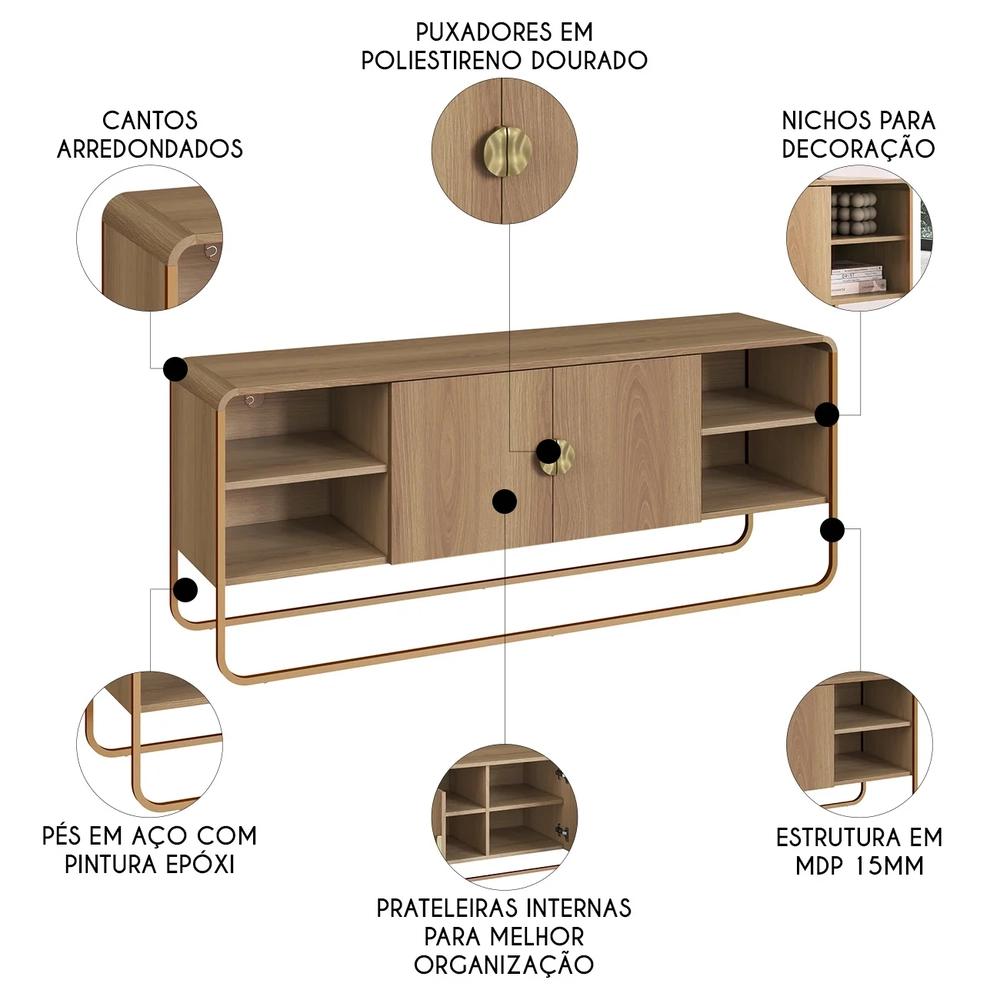 Rack TV 65 Pol Com Buffet e Aparador Mario Hanover/Dourado A10 - Mpozenato