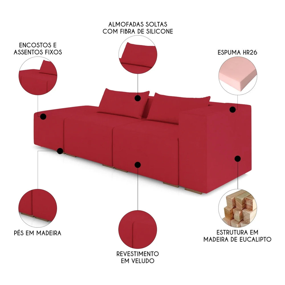 Sofá 5 Lugares 343cm Com Puff Esquerdo Fay Veludo Vermelho Z55 - Mpozenato