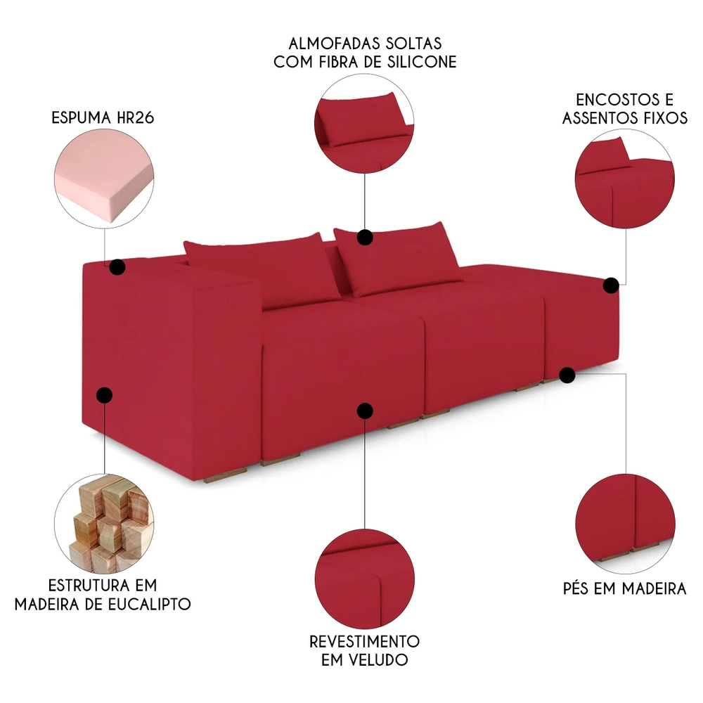 Sofá 4 Lugares 303cm Com Puff Direito Fay Veludo Vermelho Z55 - Mpozenato