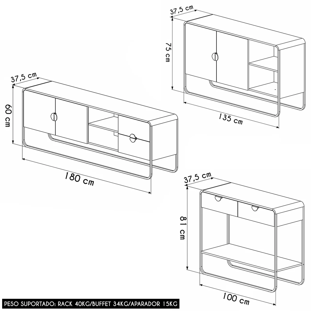 Rack TV 70 Pol Com Buffet e Aparador Mario Nero/Preto A10 - Mpozenato