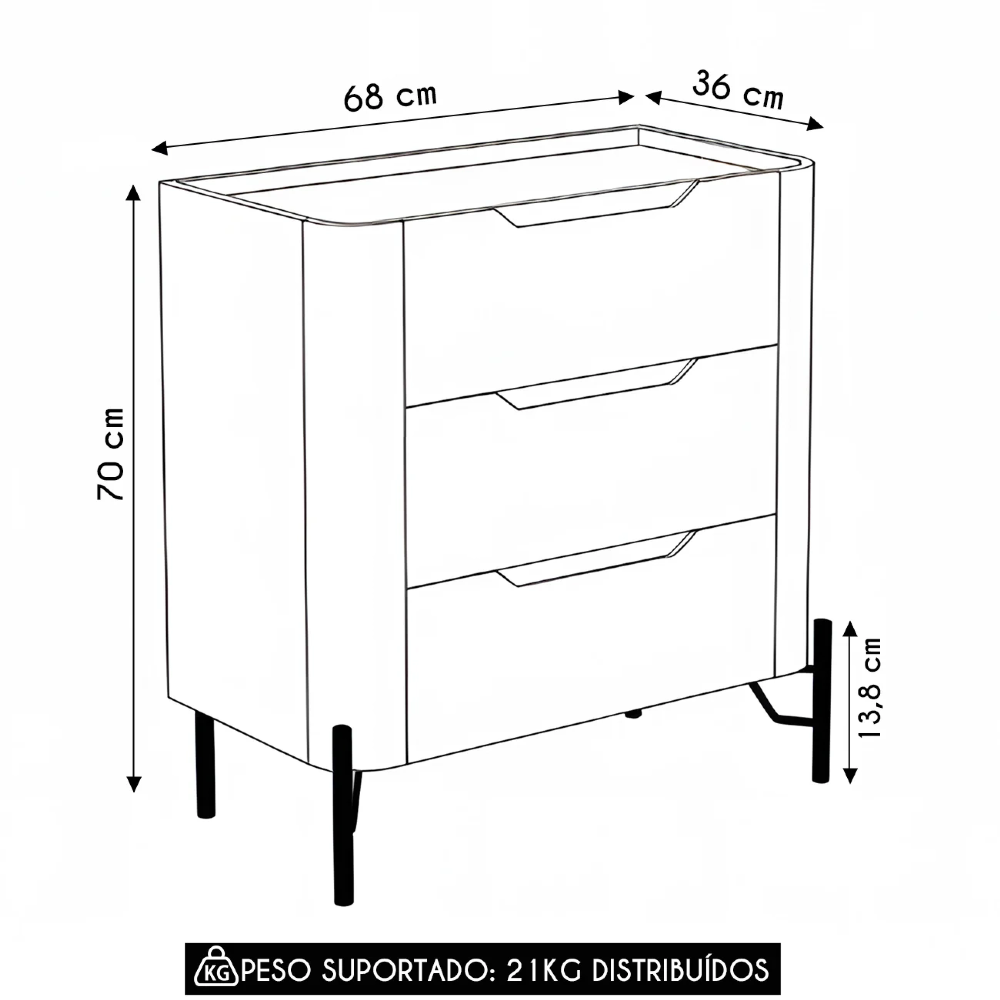 Mesa Cabeceira Para Quarto 68cm Kit 2 Blen Grigio/Preto I06 - Mpozenato