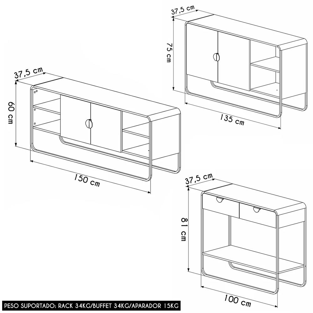 Rack TV 65 Pol Com Buffet e Aparador Mario Nero/Preto A10 - Mpozenato