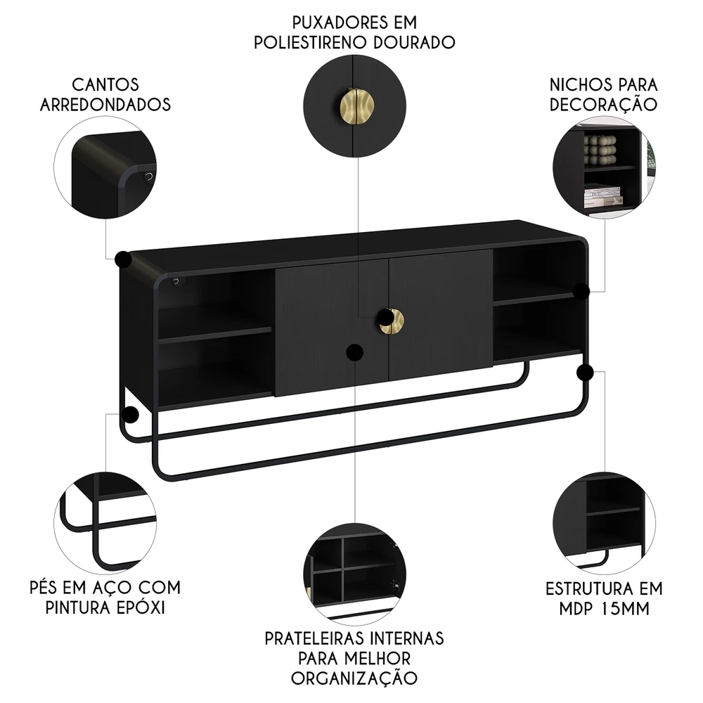 Rack TV 65 Pol Com Buffet e Aparador Mario Nero/Preto A10 - Mpozenato