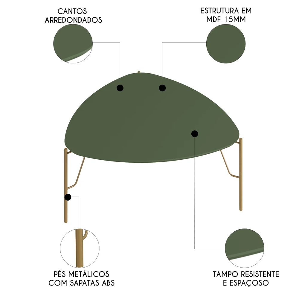 Mesa de Centro Alta Para Sala Pés Metálicos Blen Musgo/Dourado I06 - Mpozenato