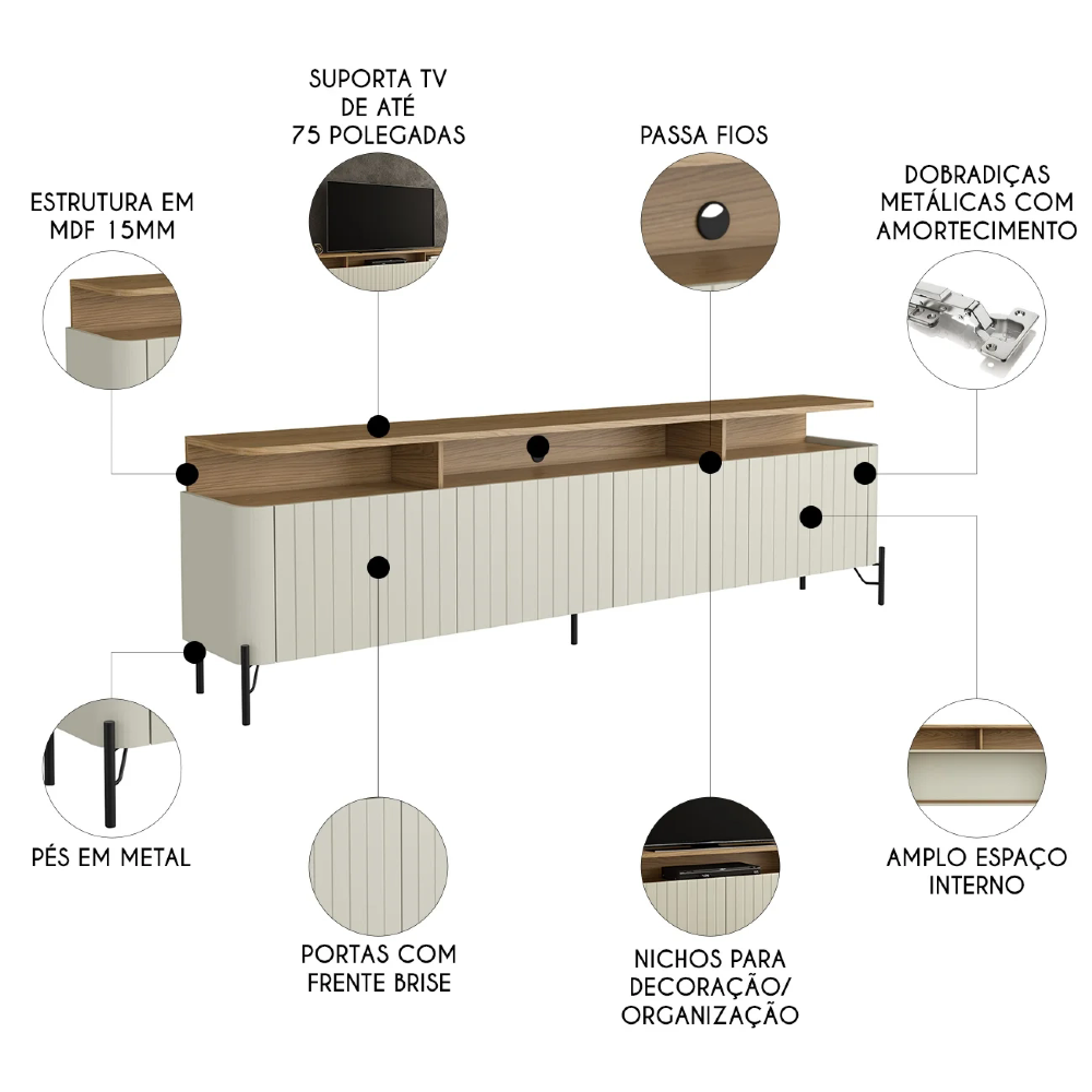 Rack TV 75 Pol 220cm Portas Brise Blen Louro/Luna/Preto I06 - Mpozenato