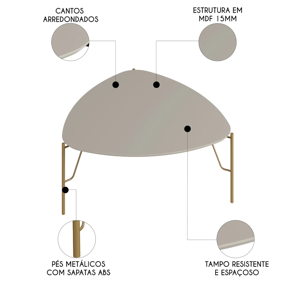 Mesa de Centro Baixa Para Sala Pés Metálicos Blen Grigio/Dourado I06 - Mpozenato