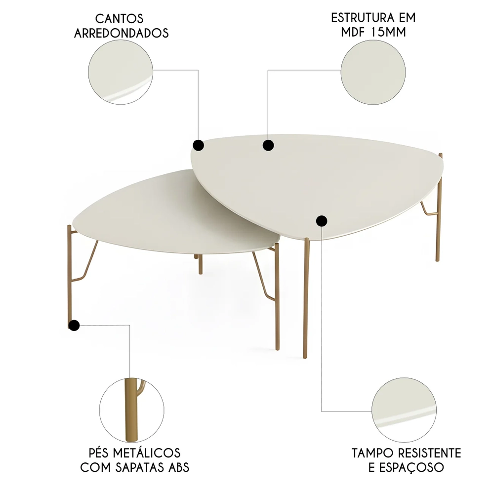 Mesa de Centro Para Sala Pés Metálicos Kit 2 Blen Luna/Dourado I06 - Mpozenato