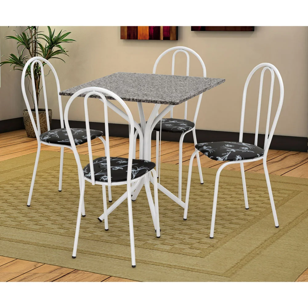 Jogo de Mesa e 04 Cadeiras Thais com Tampo Granito Branca/Assento Preto Floral - Artefamol