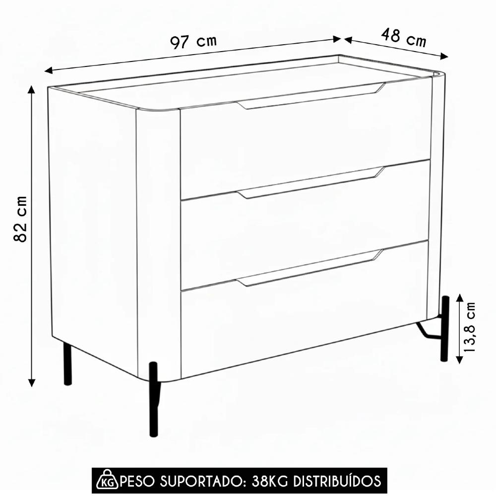 Cômoda Quarto 97cm Solteiro 3 Gavetas Becca Luna/Dourado I06 - Mpozenato