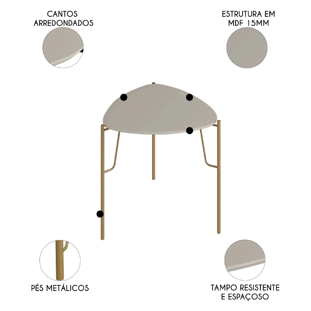 Mesa Lateral Baixa Para Sala Pés Metálicos Blen Grigio/Dourado I06 - Mpozenato