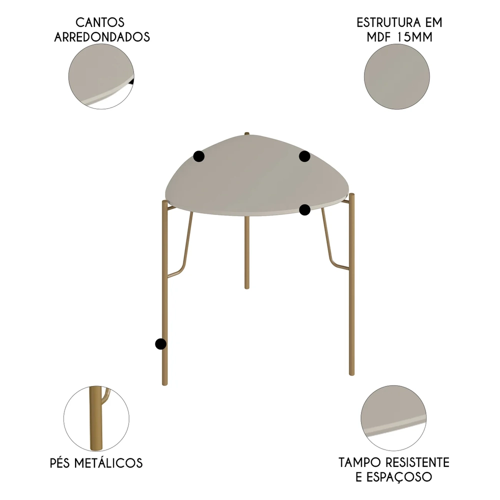 Mesa Lateral Alta Para Sala Pés Metálicos Blen Grigio/Dourado I06 - Mpozenato