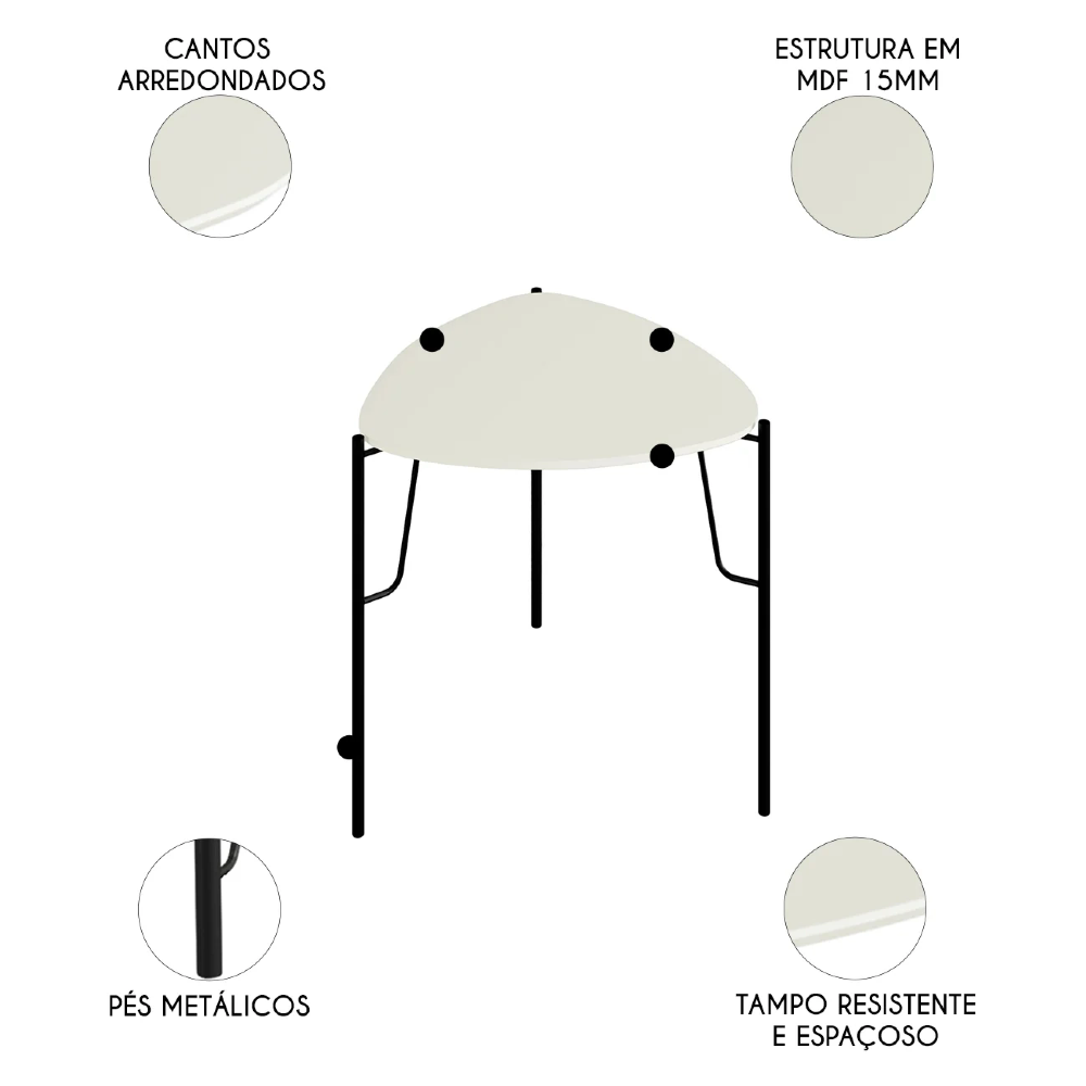 Mesa Lateral Baixa Para Sala Pés Metálicos Blen Luna/Preto I06 - Mpozenato